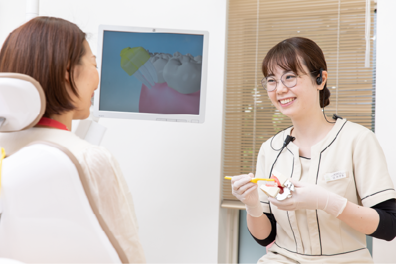 模型を使ってブラッシング指導するスタッフ