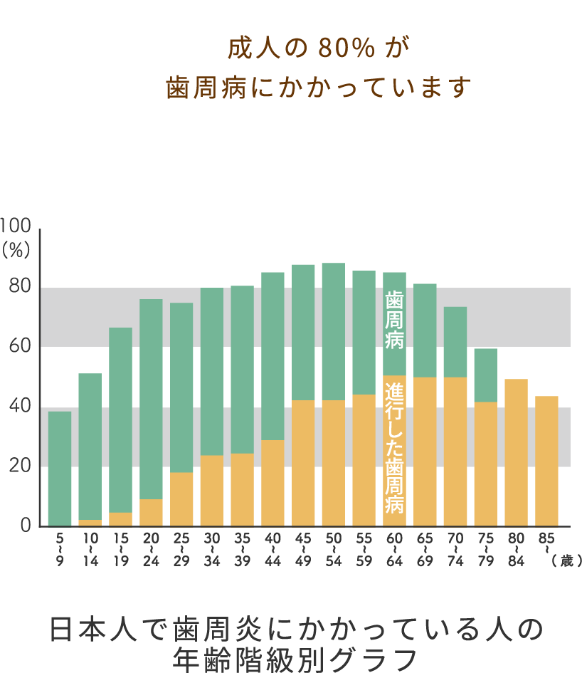 40代以降の成人の80%が歯周病にかかっています。